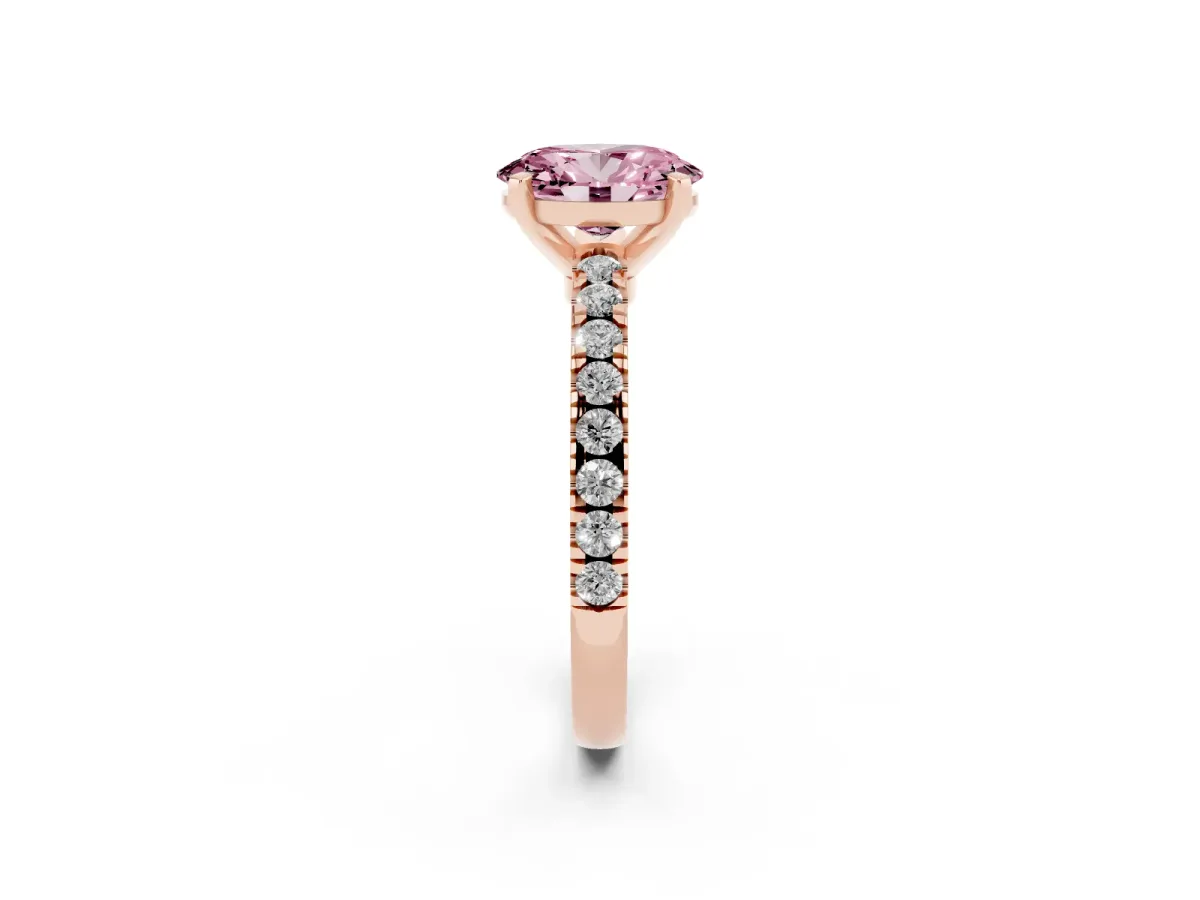 Fancy Pink Oval Cut Solitaire Diamond with Pavé Band and Four-Prong Setting Rose gold