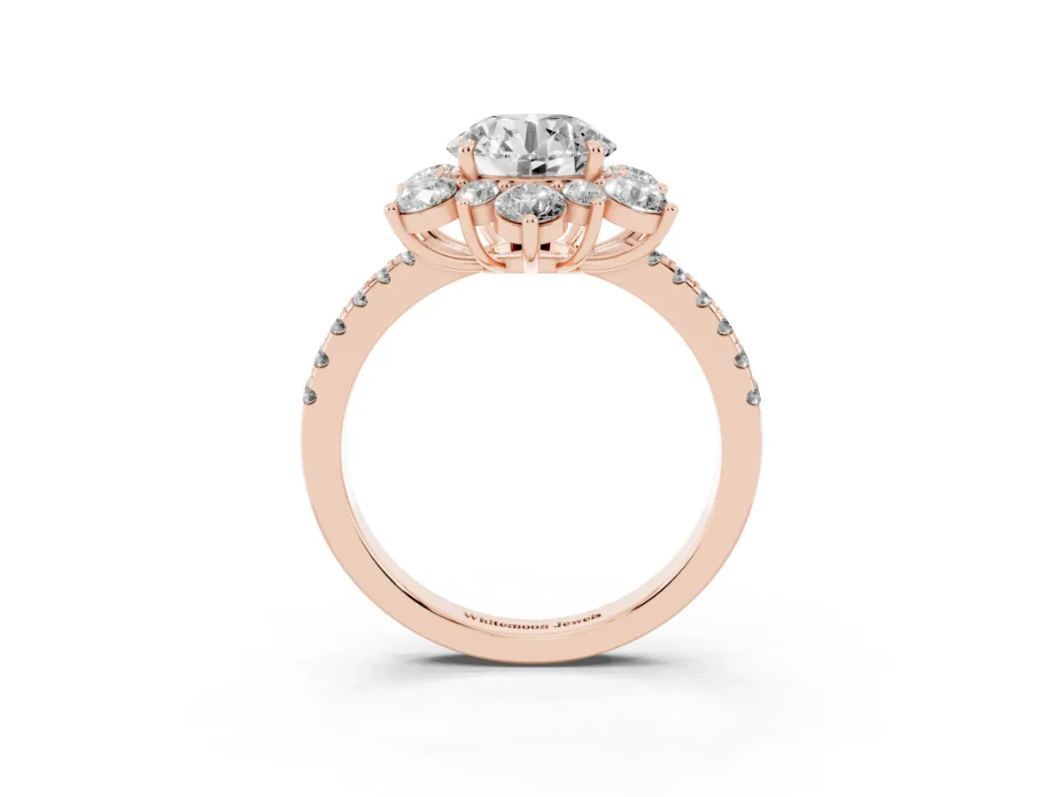 Round Cut Diamond Floral Halo Ring with Round Pavé Band and Prong Setting Rose gold