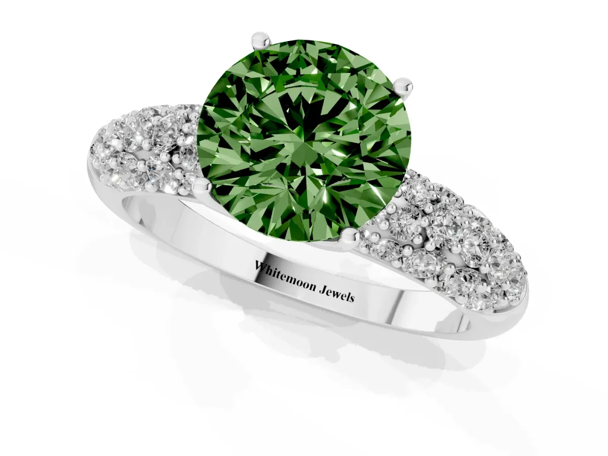 Fancy Green Round Cut Diamond Pavé Band Solitaire Ring with Four-Prong Setting Platinum