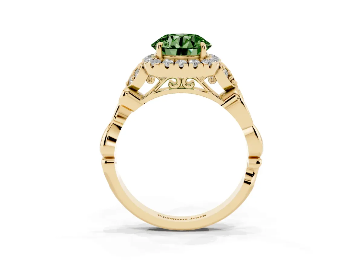 Fancy Green Round Cut Halo Diamond Engagement Ring with Vintage-Inspired Band and Four-Prong Setting Yellow gold