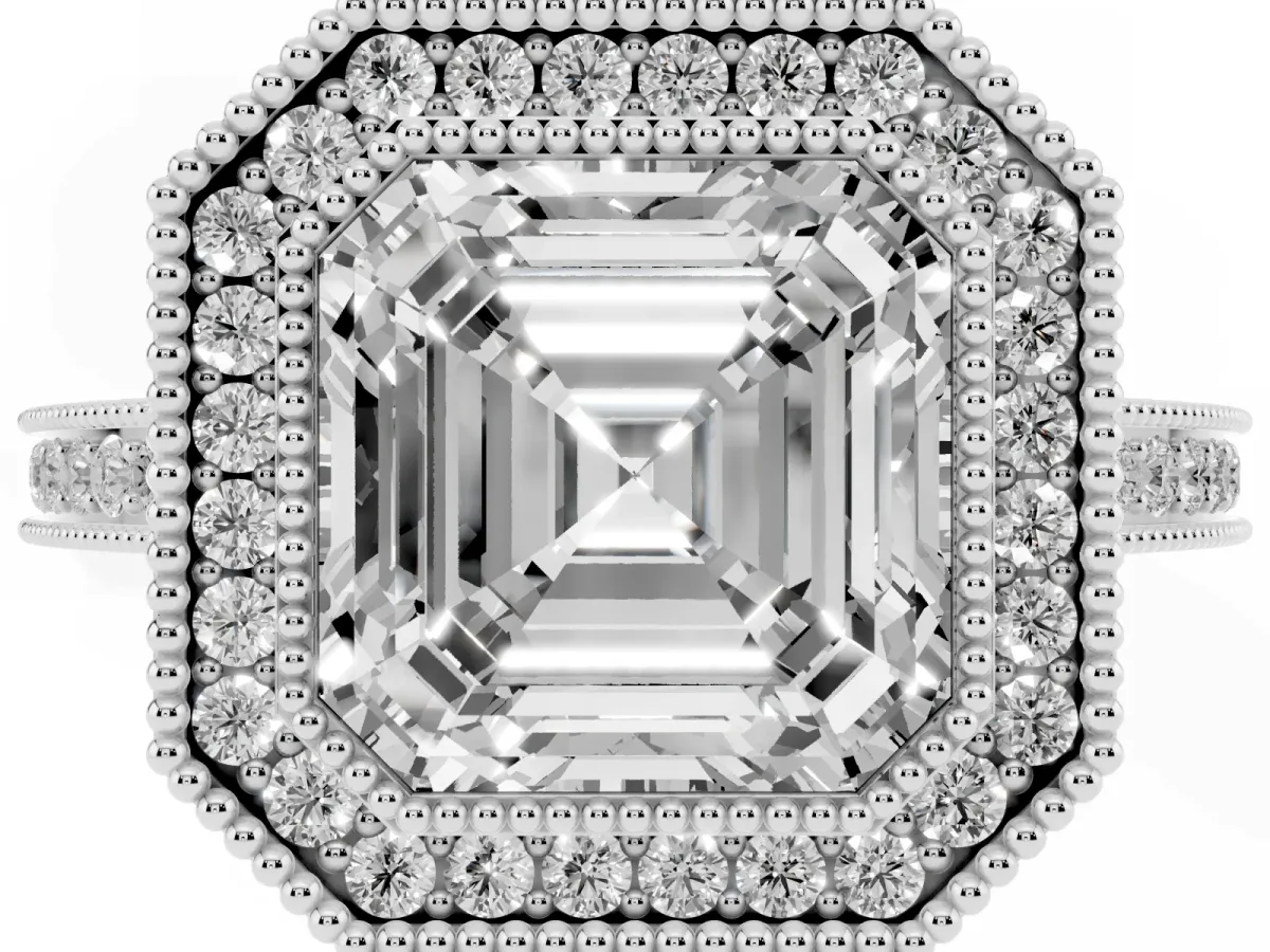 Asscher Cut Cut Halo Diamond Ring with Pavé Band and Milgrain Prong Setting Silver