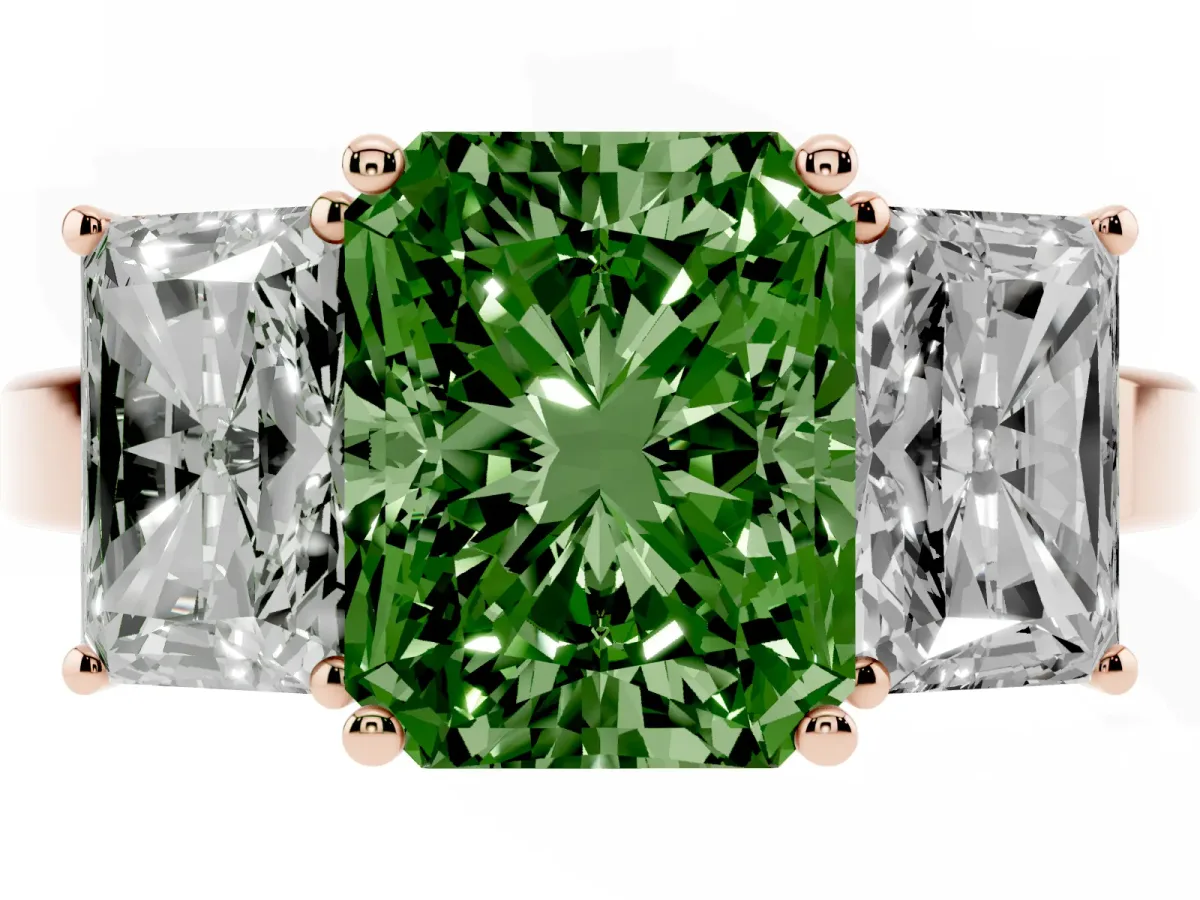 Fancy Green Three-Stone Radiant Cut Cut Diamond Engagement Ring with Flat Band and Four-Prong Setting Rose gold