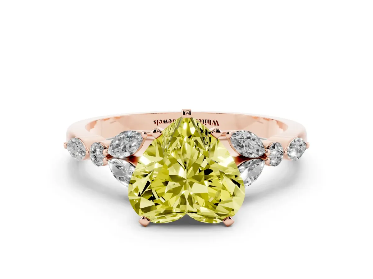 Fancy Yellow Heart Cut Diamond Solitaire Ring with Side Stones and Four-Prong Setting Rose gold