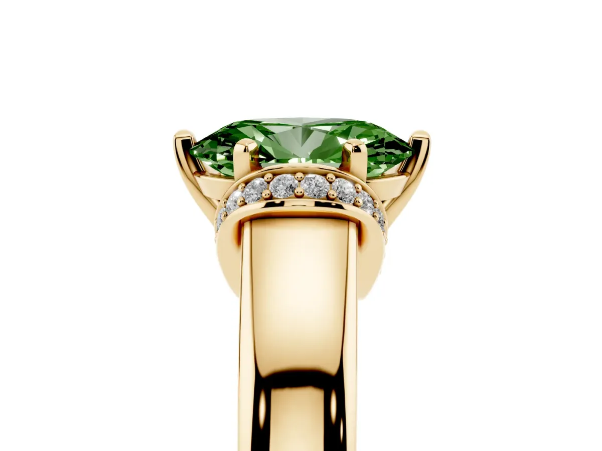 Fancy Green Oval Cut Solitaire Diamond Ring with Pave Band and Six-Prong Setting Yellow gold