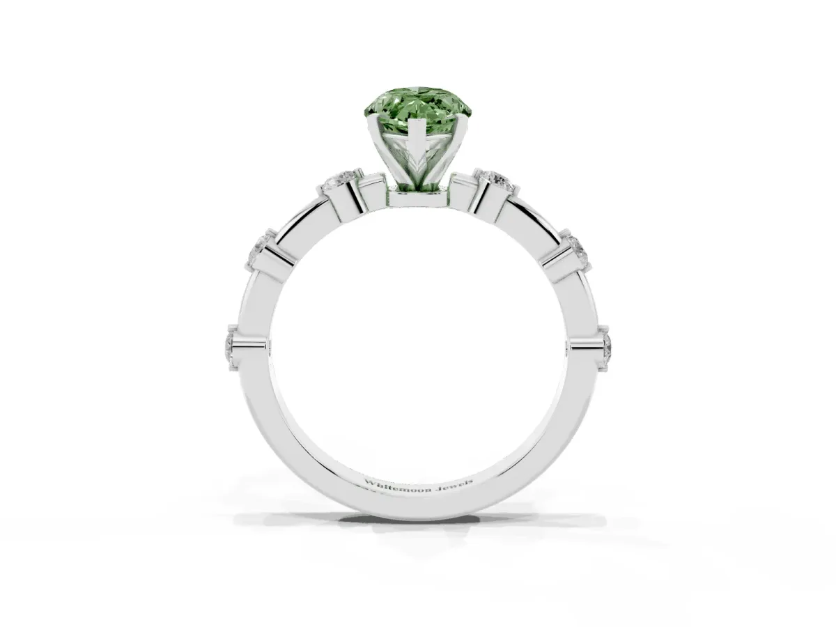Fancy Green Marquise Cut Solitaire Diamond Ring with Bezel Set Side Stones and Prong Setting Silver