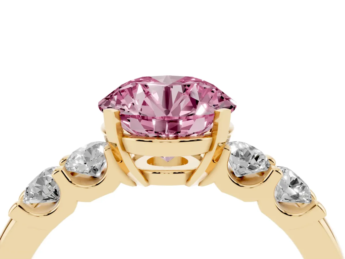 Fancy Pink Round Cut Brilliant Cut Diamond Five-Stone Prong Set Engagement Ring with Channel Band Yellow gold