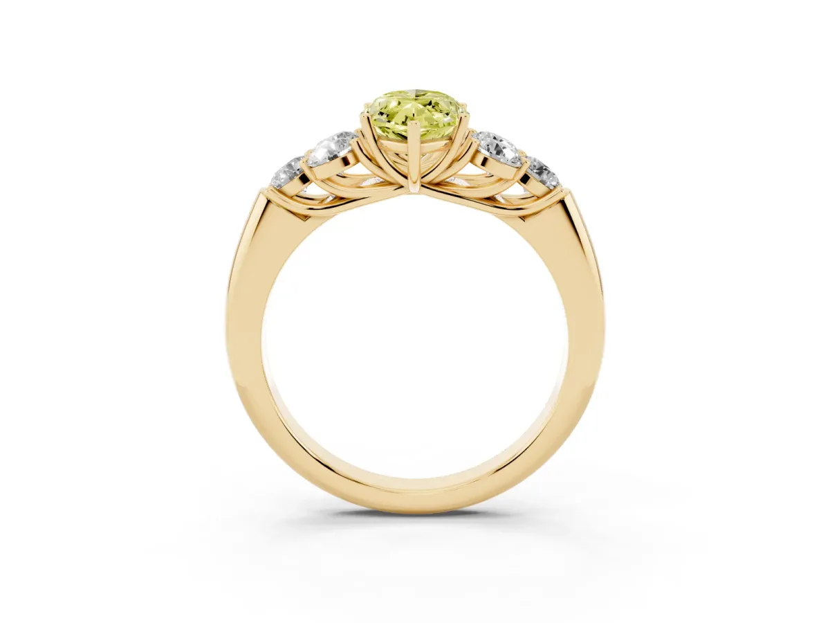 Fancy Yellow Marquise Cut Cut Diamond Cluster Ring with Round Accent Stones and Prong Setting on a Classic Band Yellow gold