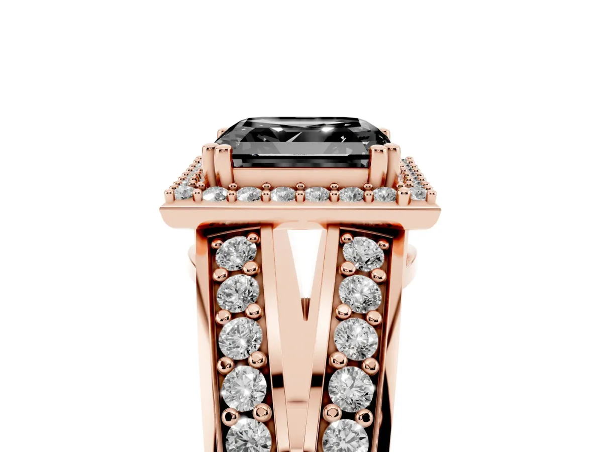 Fancy Black Asscher Cut Diamond Halo Ring with Split Shank Pavé Band and Four-Prong Setting Rose gold