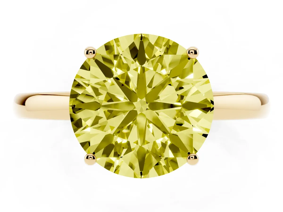 Fancy Yellow Round Cut Solitaire Diamond Ring with Prong Setting and Plain Band Yellow gold