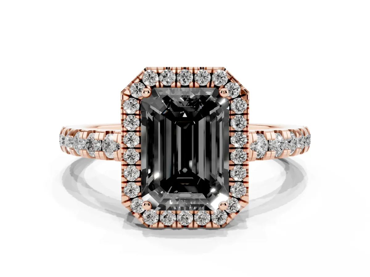 Fancy Black Emerald Cut Diamond Halo Ring with Pavé Band and Four-Prong Setting Rose gold
