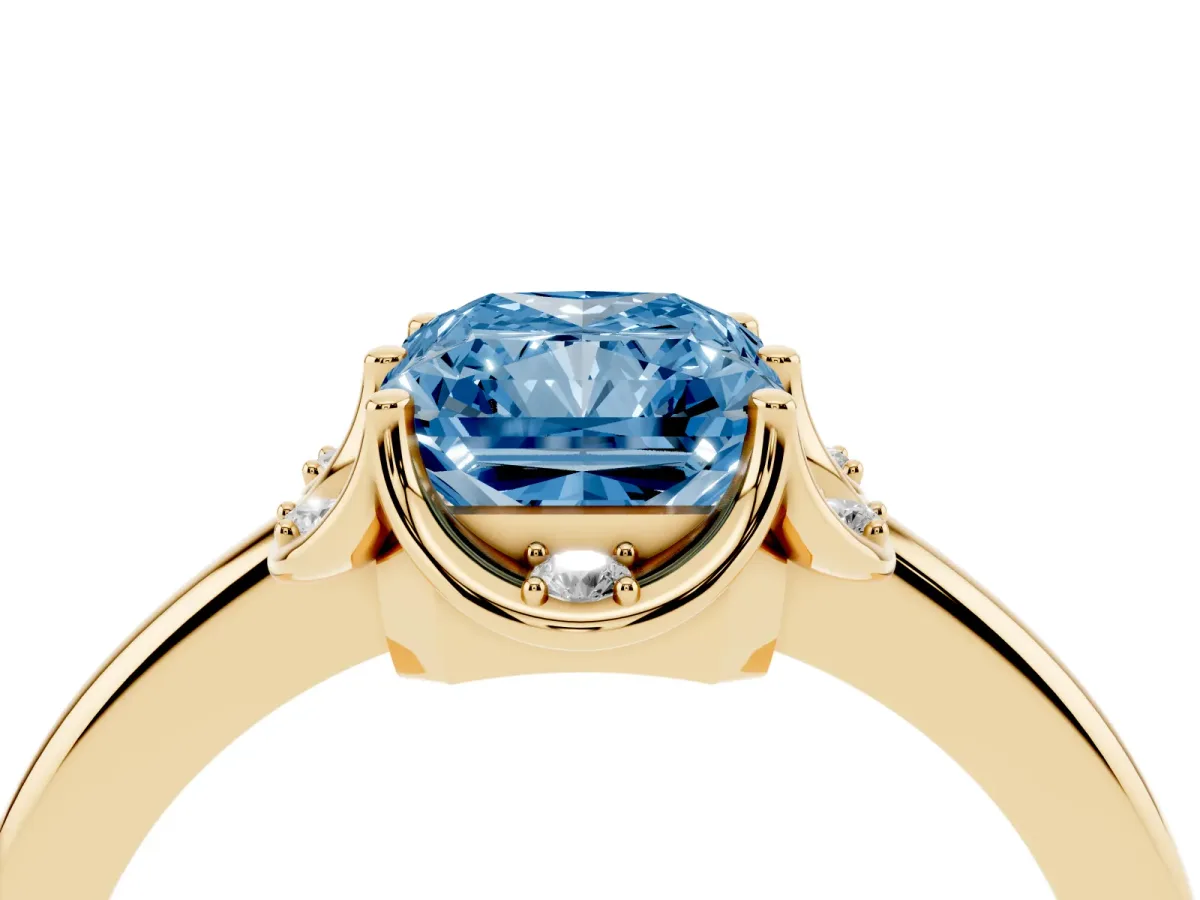 Fancy Blue Radiant Cut Halo Diamond Ring with Round Cluster Setting, Solitaire Band, and Four-Prong Setting Yellow gold