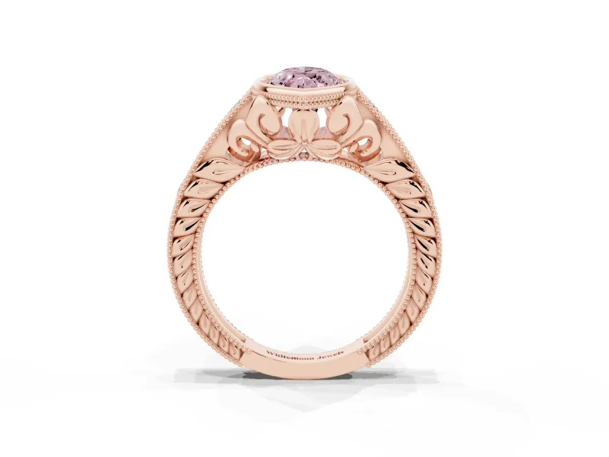 Fancy Pink Bezel Set Marquise Cut Diamond Milgrain Pave Engagement Ring Rose gold