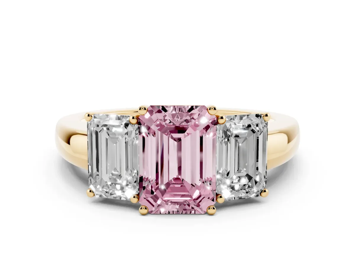 Fancy Pink Emerald Cut Diamond Three-Stone Ring with Four-Prong Setting and Classic Band Yellow gold