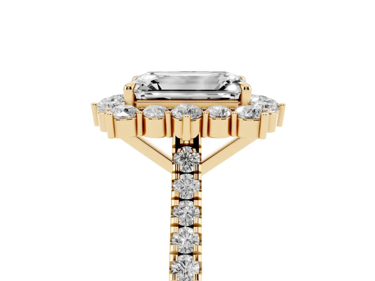Emerald Cut Halo Diamond Ring with Pavé Band and Prong Setting Yellow gold