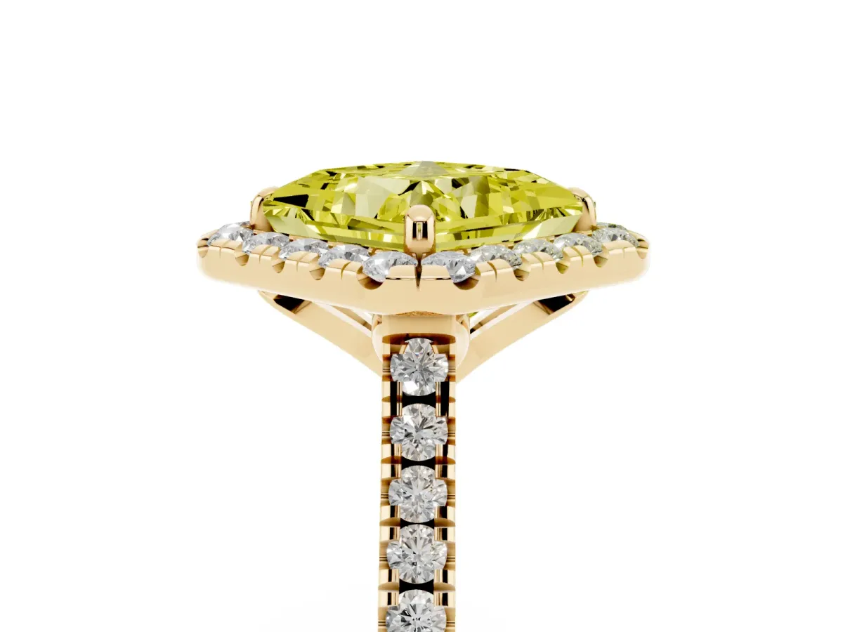 Fancy Yellow Princess Cut Diamond Cushion Halo Ring with Pavé Band Yellow gold