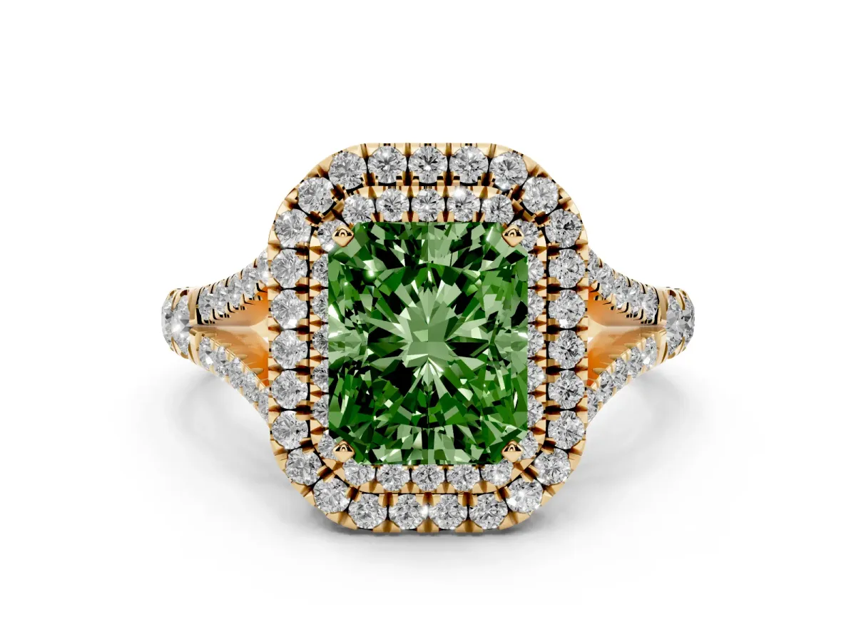 Fancy Green Radiant Cut Cut Double Halo Split Shank Diamond Ring with Prong Setting Yellow gold