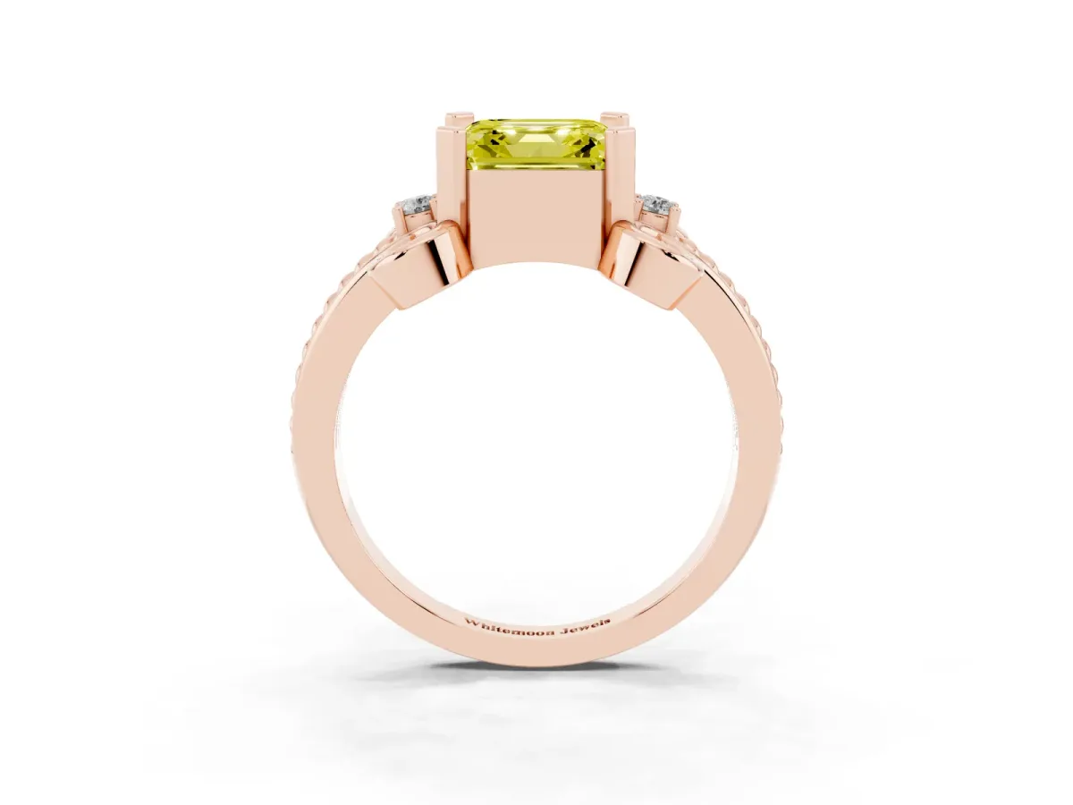 Fancy Yellow Asscher Cut Solitaire Twisted Band Scroll Prong Ring Rose gold