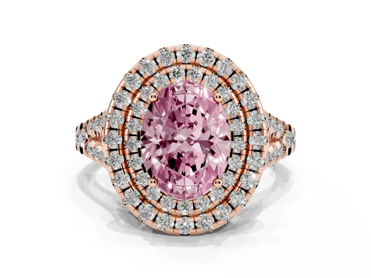 Fancy Pink Double Halo Oval Cut Diamond Pavé Split Shank Ring with Prong Setting Rose gold