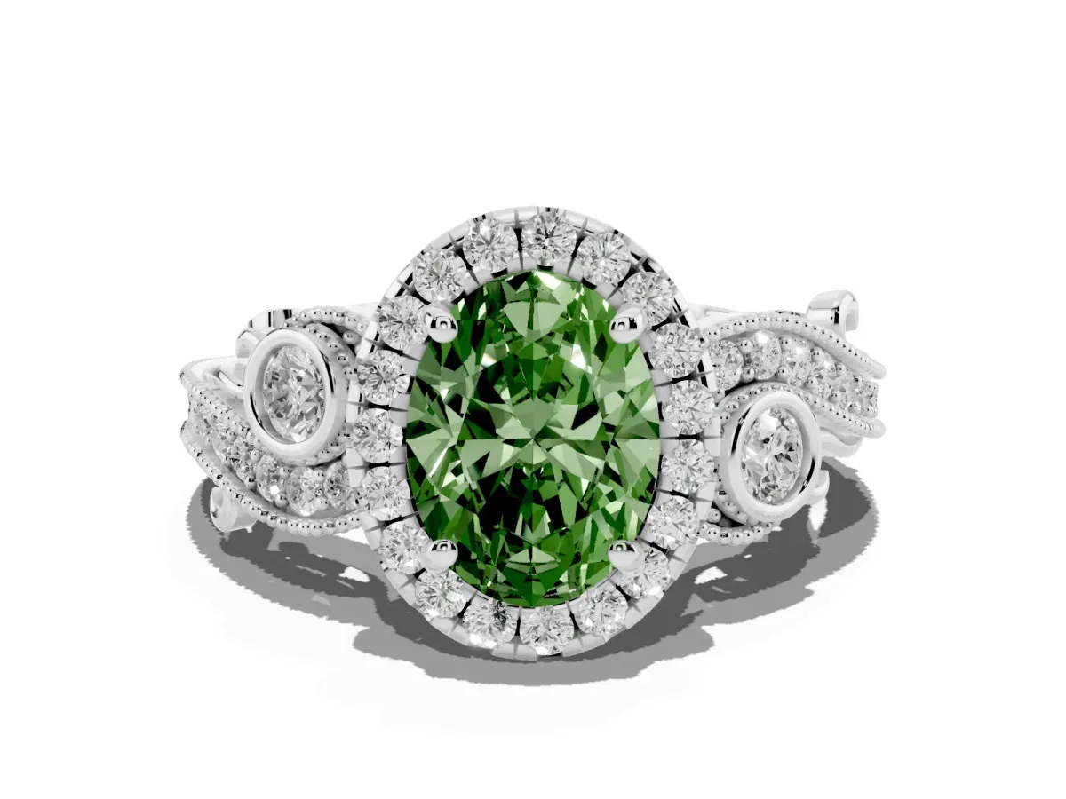 Fancy Green Oval Cut Halo Diamond Ring with Milgrain and Bezel Accents on a Split Shank Band White gold