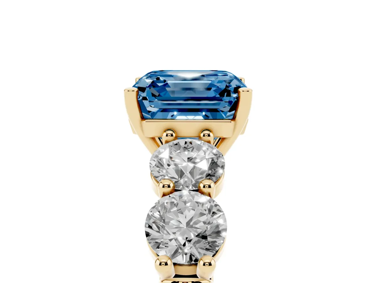 Fancy Blue Asscher Cut Cut Five-Stone Prong Set Diamond Ring with Classic Band Yellow gold