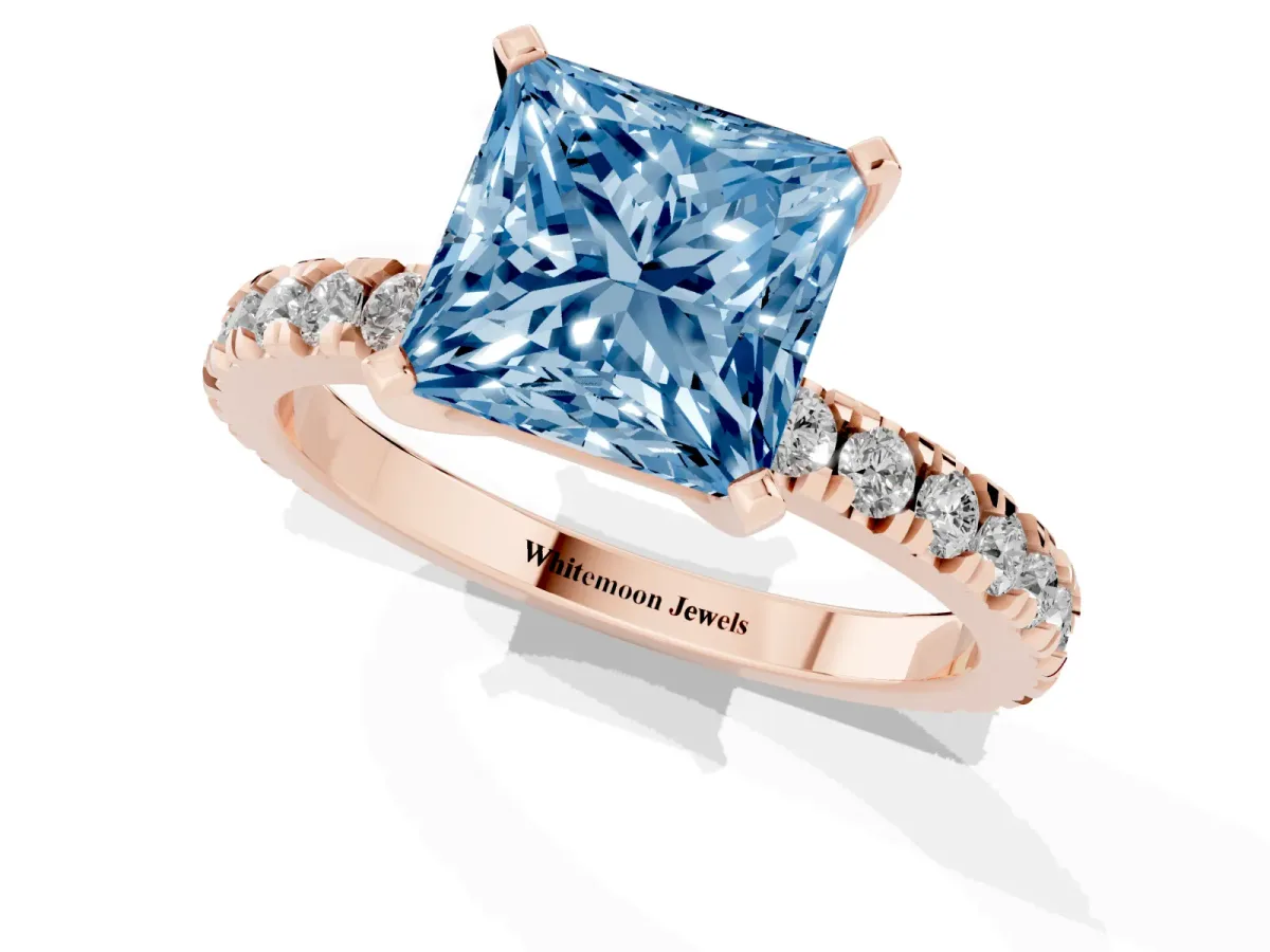 Fancy Blue Princess Cut Diamond Pavé Band Solitaire with Four-Prong Setting Rose gold
