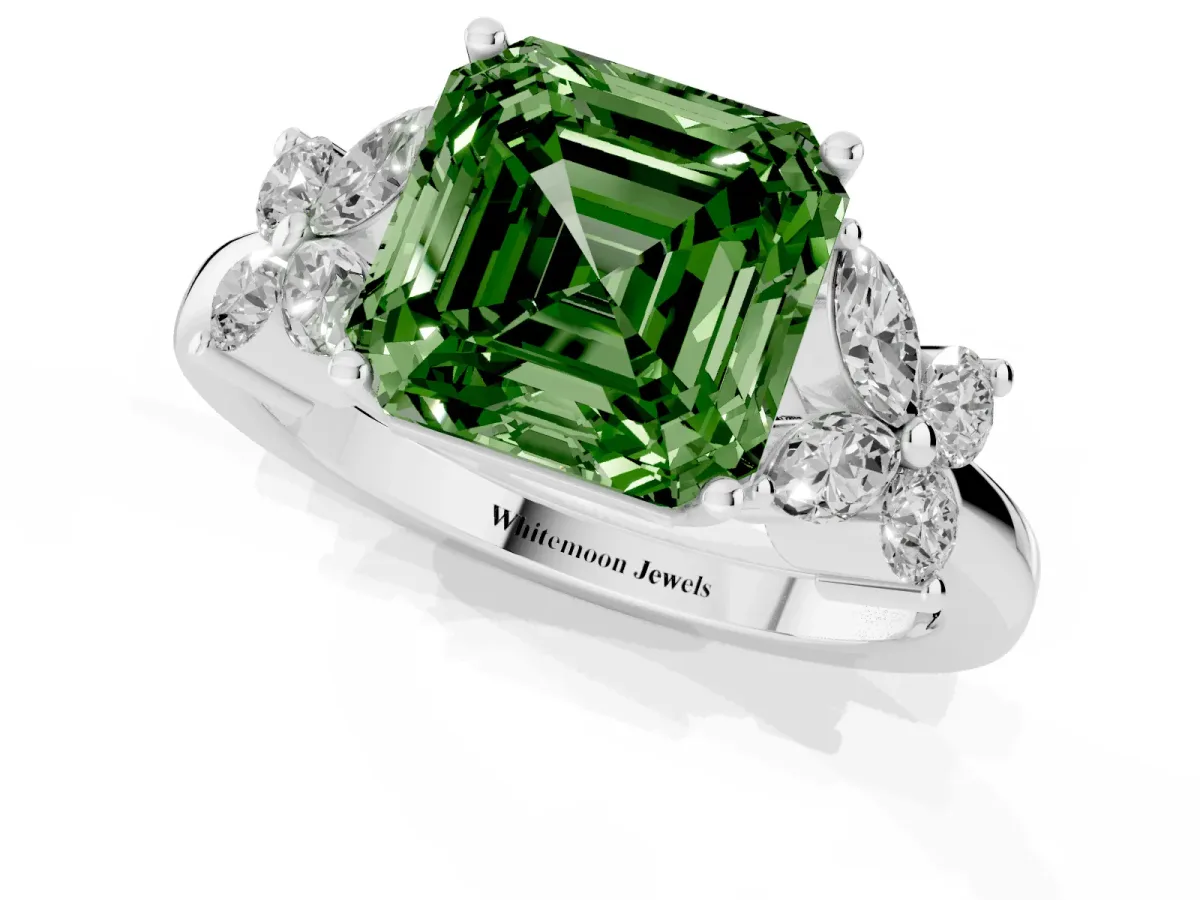 Fancy Green Asscher Cut Diamond Floral Cluster Ring with Solitaire Band and Prong Setting Silver