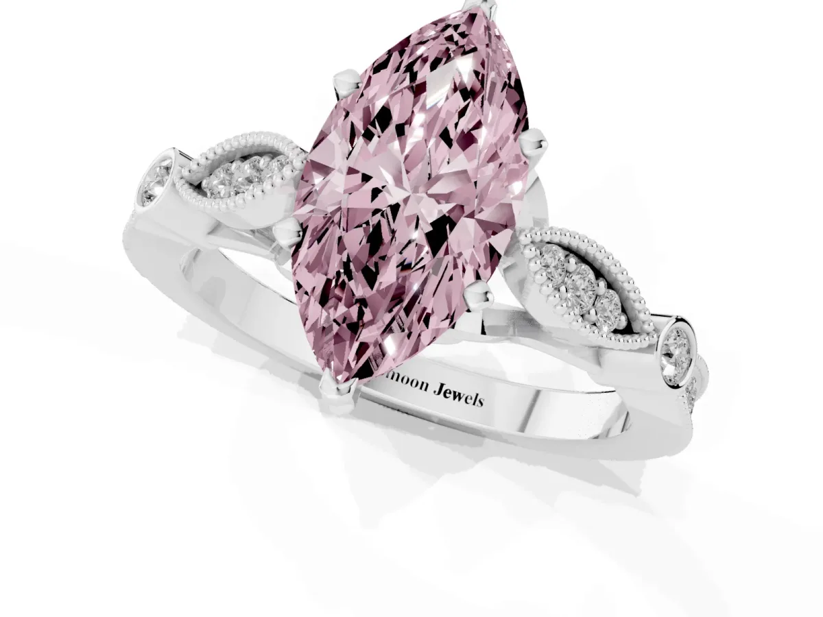 Fancy Pink Marquise Cut Cut Diamond with Milgrain Marquise and Bezel Accents on a Solitaire Band with Prong Setting Silver