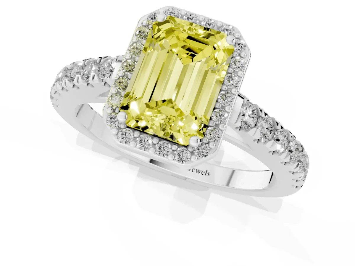Fancy Yellow Emerald Cut Cut Halo Diamond Engagement Ring with Pave Band and Four-Prong Setting Platinum