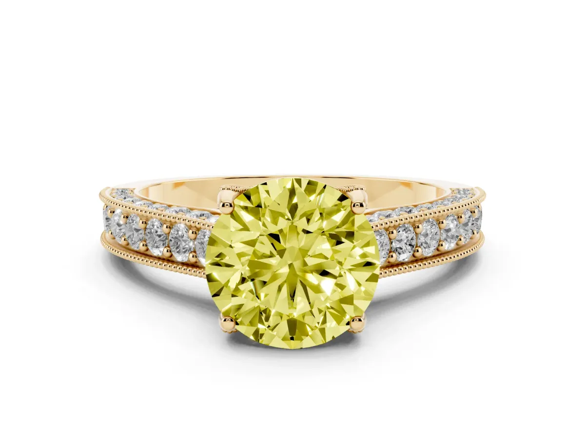 Fancy Yellow Round Cut Cut Diamond Solitaire Ring with Milgrain Pave Band and Four Prong Setting Yellow gold