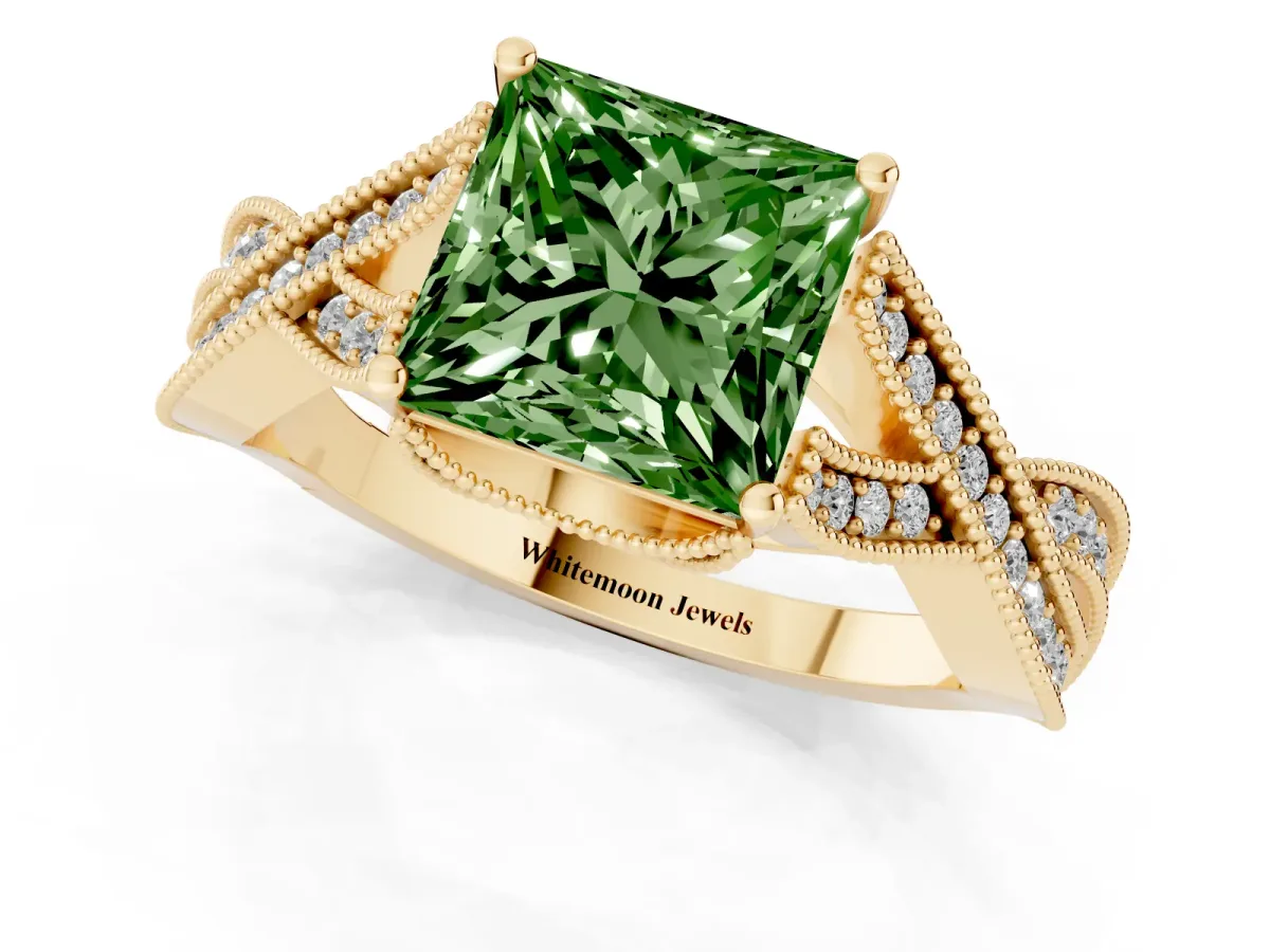 Fancy Green Princess Cut Cut Diamond Twisted Band with Milgrain Pave Setting and Four-Prong Setting Yellow gold