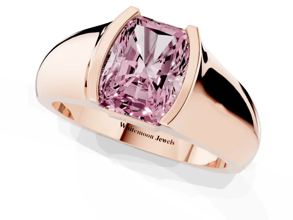 Fancy Pink Radiant Cut Solitaire Bezel Set Diamond Ring with Wide Band Rose gold