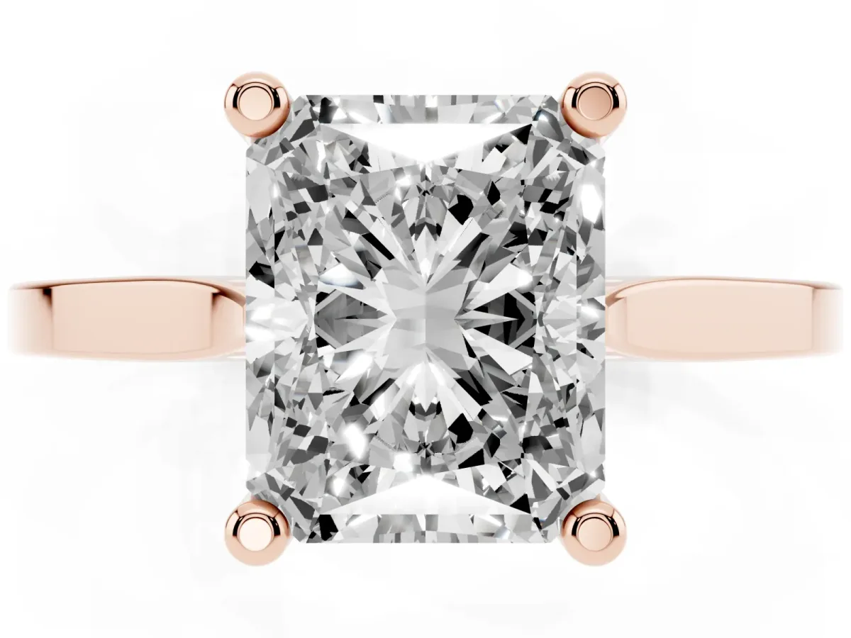 Radiant Cut Solitaire Diamond Ring with Four-Prong Setting and Tapered Band Rose gold