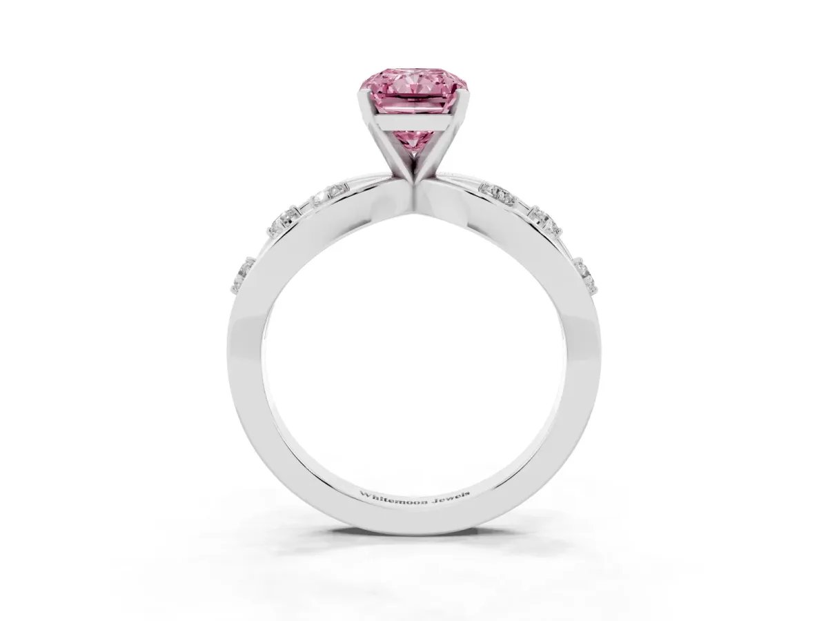 Fancy Pink Radiant Cut Cut Solitaire Diamond with Side Stones on Criss-Cross Band and Four-Prong Setting Platinum