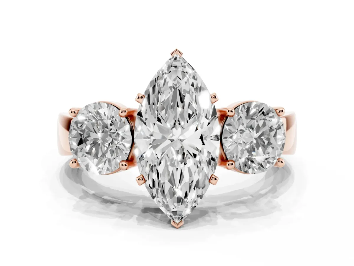 Three-Stone Marquise Cut Diamond Ring with Round Side Stones, Classic Band, and Four-Prong Setting Rose gold