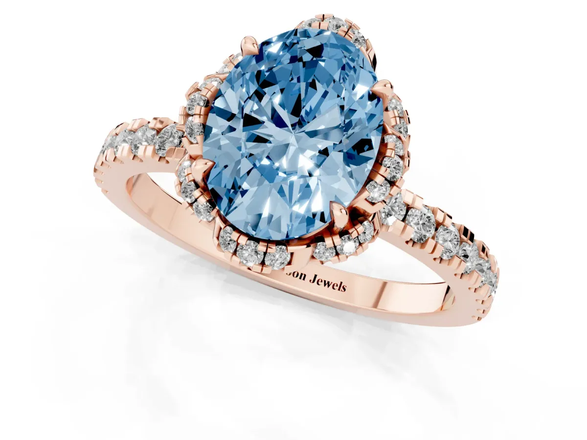 Fancy Blue Oval Cut Diamond Halo Pave Band with Four-Prong Setting Rose gold