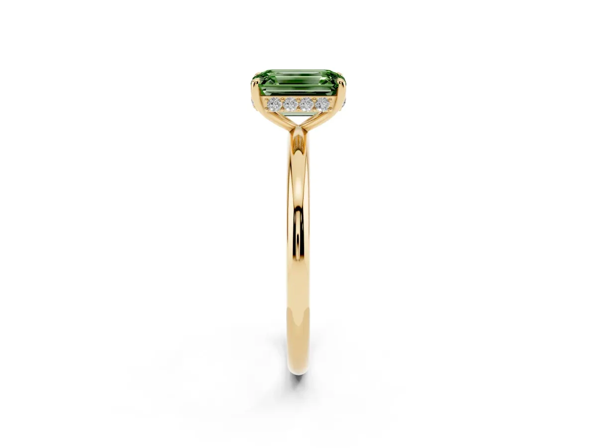 Fancy Green Emerald Cut Solitaire Diamond Ring with a Classic Band and Four-Prong Setting Yellow gold
