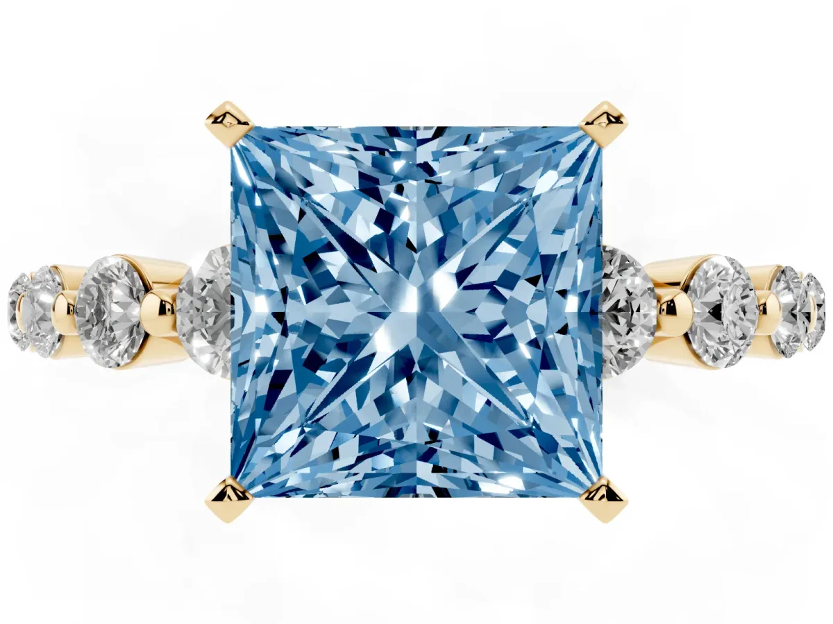 Fancy Blue Princess Cut Solitaire Diamond Ring with Pave Band and Four-Prong Setting Yellow gold
