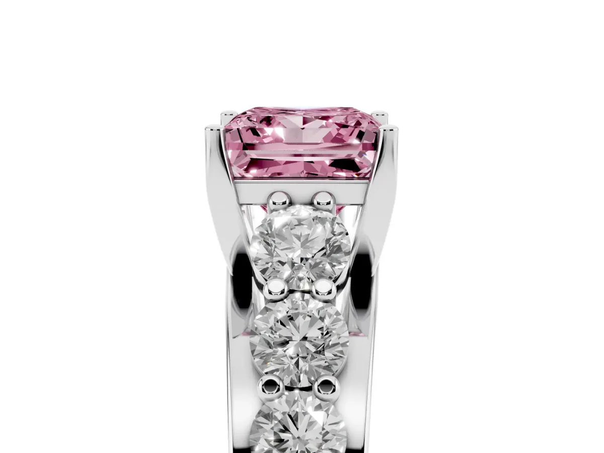 Fancy Pink Princess Cut Diamond Engagement Ring with Pavé Band and Four-Prong Setting Platinum