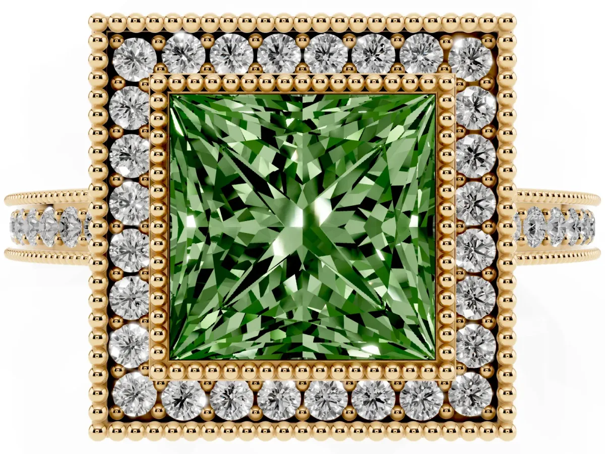 Fancy Green Princess Cut Cut Halo Diamond Ring with Pavé Band and Milgrain Prong Setting Yellow gold