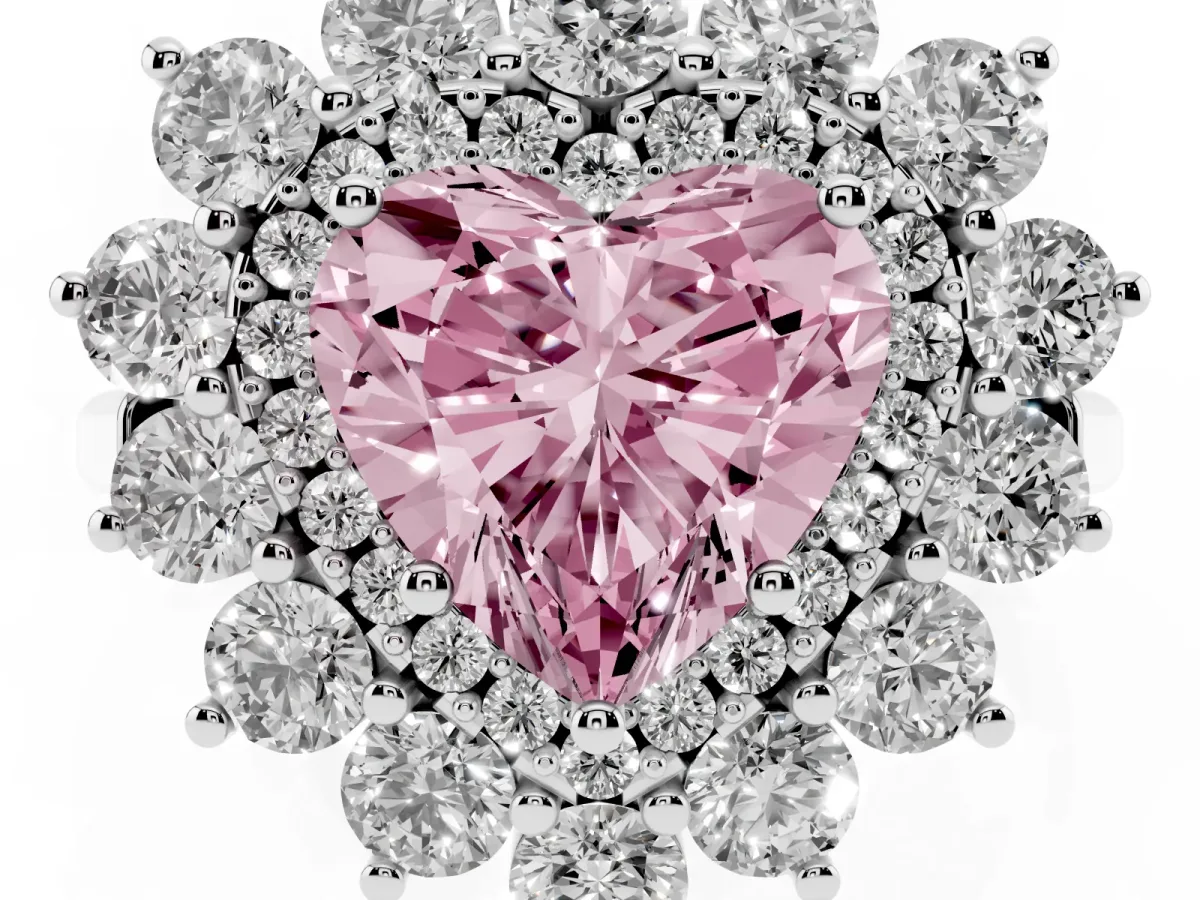 Fancy Pink Heart Cut Diamond Floral Double Halo Engagement Ring with Prong Setting Silver