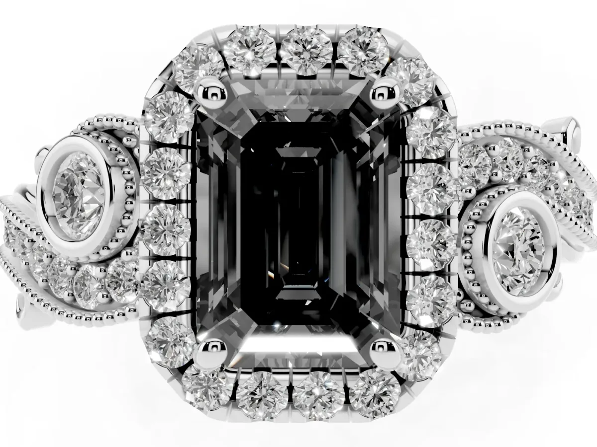 Fancy Black Emerald Cut Halo Diamond Ring with Milgrain and Bezel Accents on a Split Shank Band Platinum