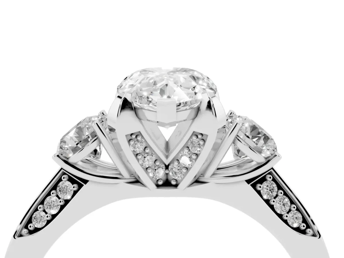 Pear Cut Brilliant Three-Stone Diamond Ring with Pavé Band and Four-Prong Setting Silver