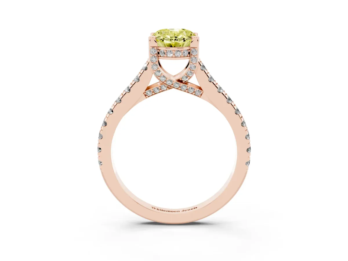 Fancy Yellow Oval Cut Brilliant Diamond Solitaire with Pavé Band and Four-Prong Setting Rose gold