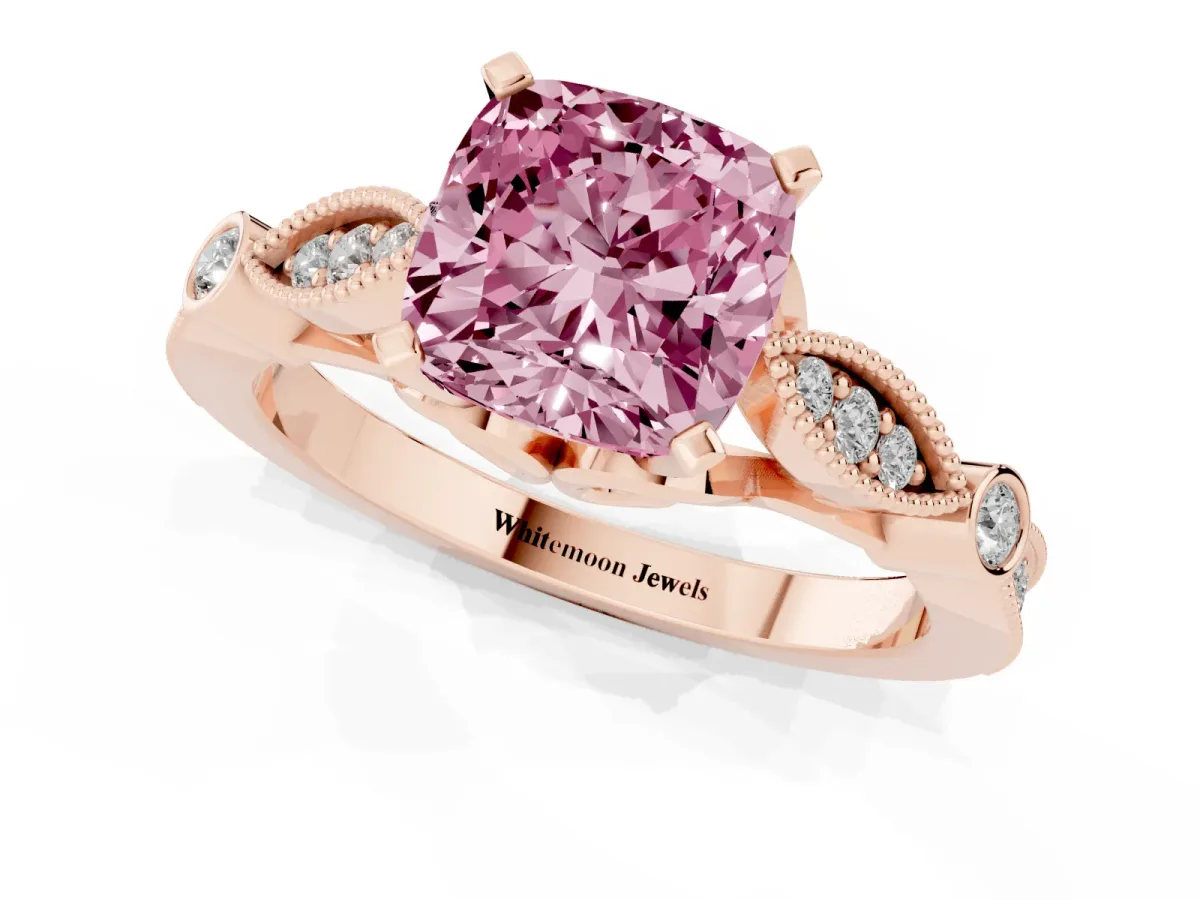 Fancy Pink Cushion Cut Cut Diamond with Milgrain Marquise and Bezel Accents on a Solitaire Band with Prong Setting Rose gold