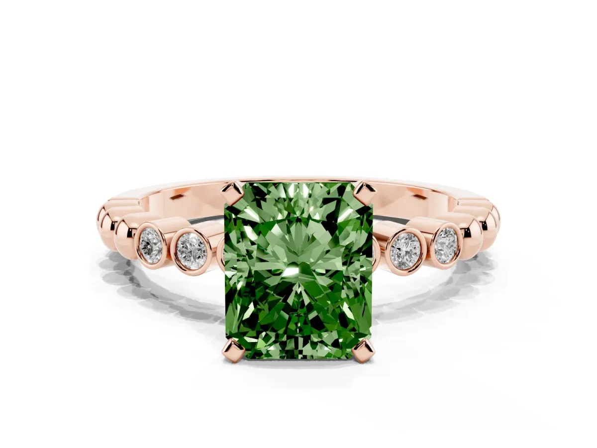 Fancy Green Radiant Cut Solitaire Bezel Accent Diamond Engagement Ring with Beaded Band and Four-Prong Setting Rose gold
