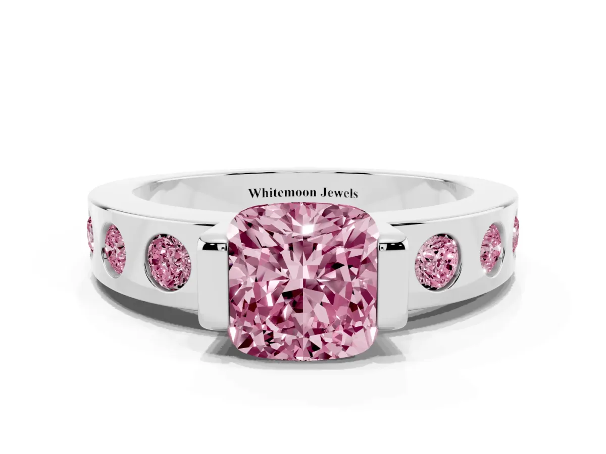 Fancy Pink Cushion Cut Brilliant Channel-Set Diamond Ring with Bezel Prong Setting Silver
