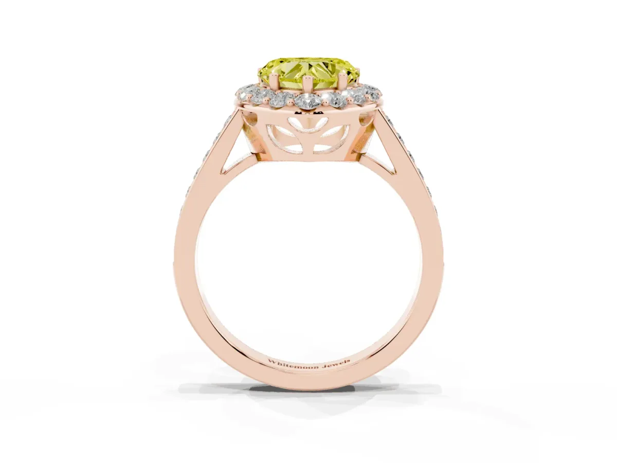 Fancy Yellow Heart Cut Diamond Floral Halo Ring with Pavé Band and Prong Setting Rose gold