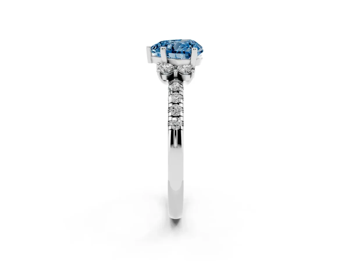Fancy Blue Heart Cut Diamond Three-Stone Pave Band with Four-Prong Setting Silver