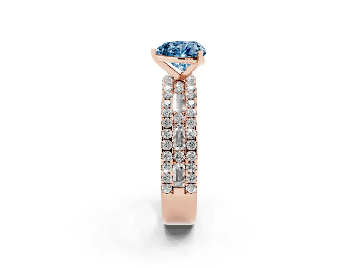 Fancy Blue Heart Cut Diamond Solitaire Ring with Pavé and Channel Set Band Rose gold