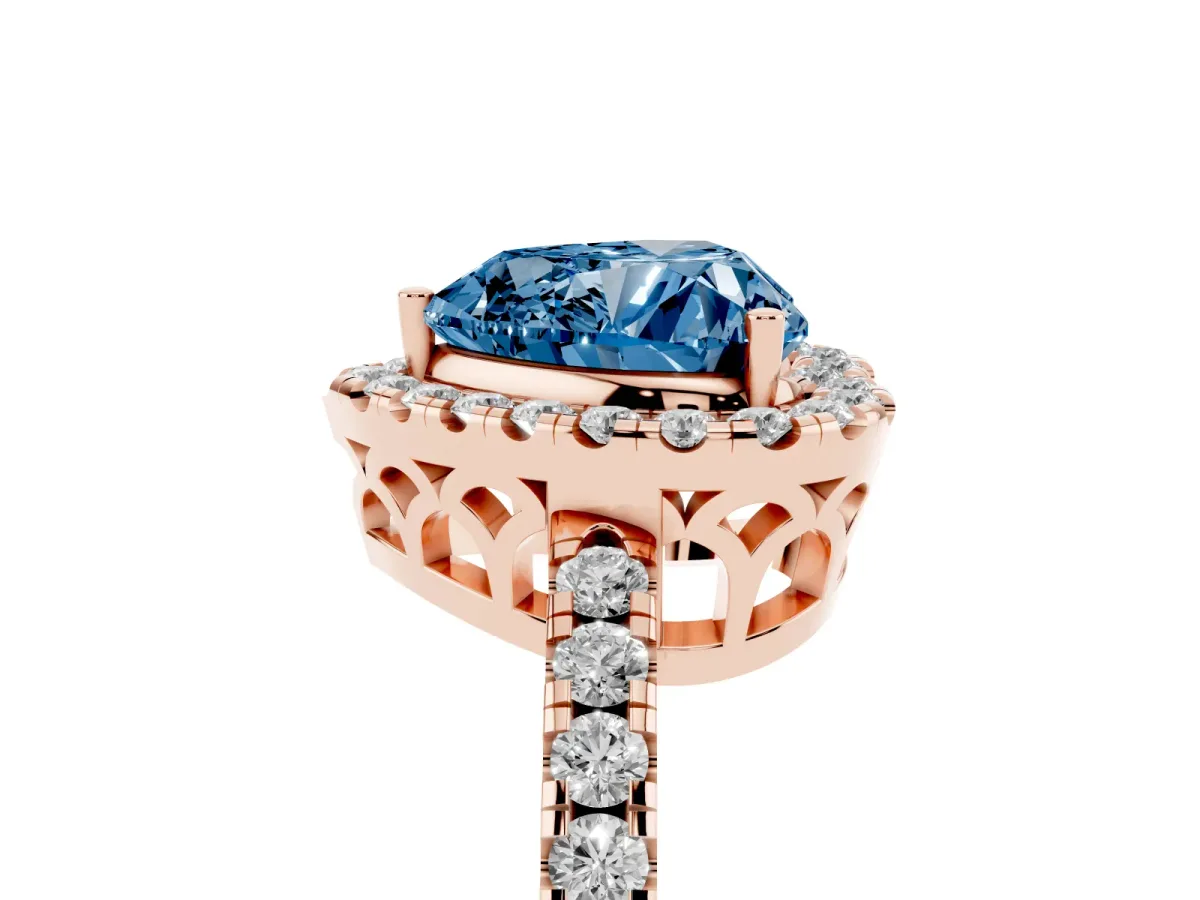 Fancy Blue Heart Cut Halo Diamond Engagement Ring with Pavé Band and Four-Prong Setting Rose gold